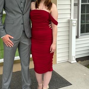 PrettyGarden Burgundy Ruched Off the Shoulder Dress | Size M